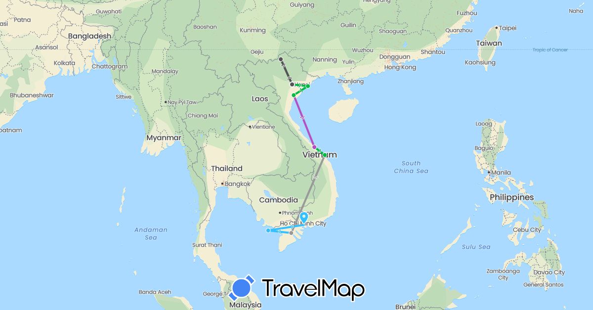 TravelMap itinerary: driving, bus, plane, train, boat, motorbike in Vietnam (Asia)